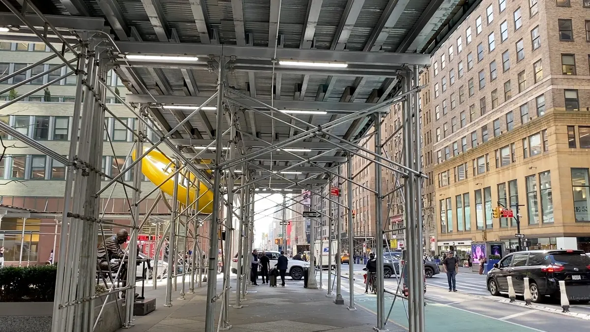 A sidewalk shed near Times Square, New York City, March 10, 2026. (Nicholas Zifcak/The Epoch Times)