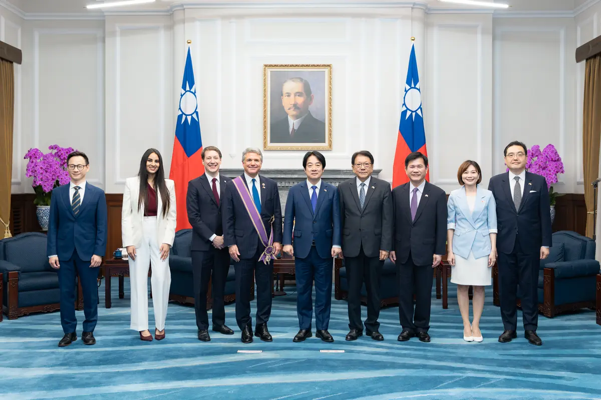 Taiwanese President Lai Ching-te presents Rep. Michael McCaul (R-Texas), chairman emeritus of the House Foreign Affairs Committee, with the Order of Brilliant Star with Grand Cordon in Taipei on Aug. 4, 2026. (Courtesy of the Office of the ROC President)