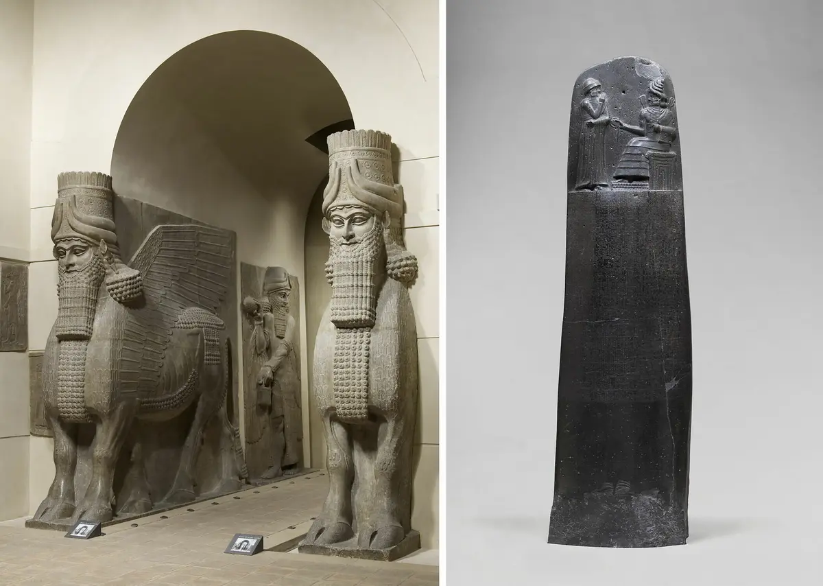 (Left) The Winged Bulls of Khorsabad, known as lamassu, are protective spirits that guarded the entrance to the palace of Sargon II during the Neo-Assyrian period, circa 721–705 B.C. (Thierry Ollivier/Louvre Museum) (Right) "Code of Hammurabi,"1792–1750 B.C., during the 1st dynasty of Babylon. (Franck Raux/Louvre Museum)