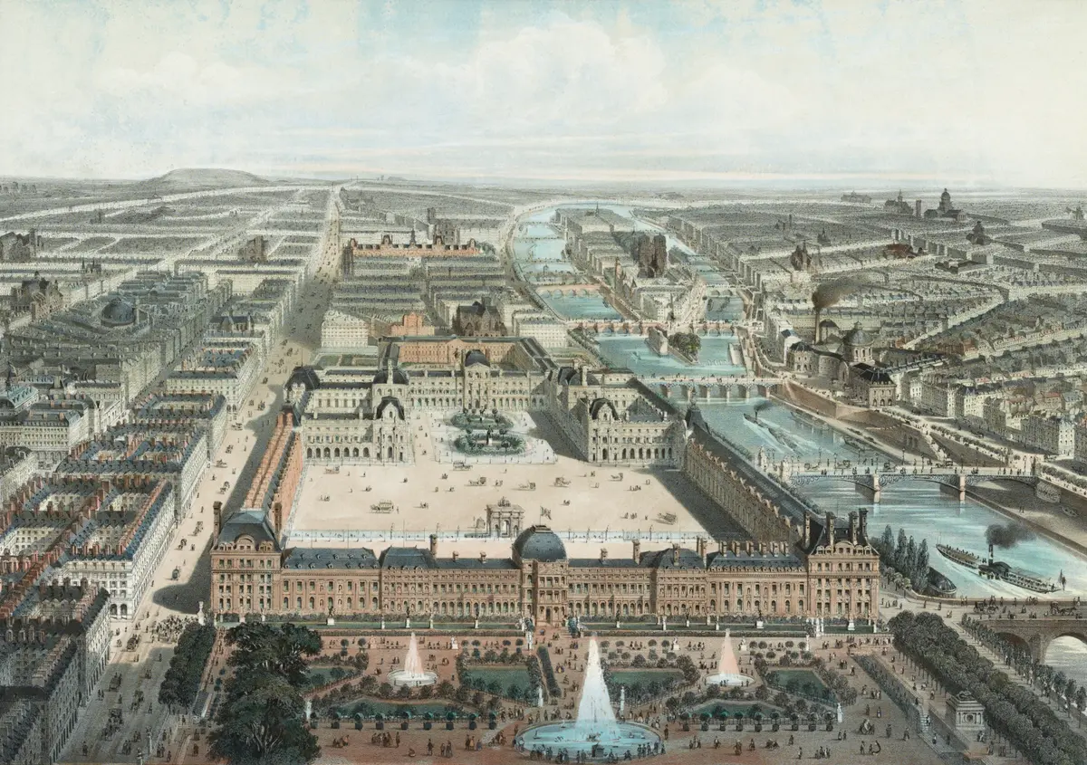 A view of the Louvre and the Rue de Rivoli from the from the Tuileries Gardens in Paris, 1860, by<br/>Charles Fichot. (Public Domain)