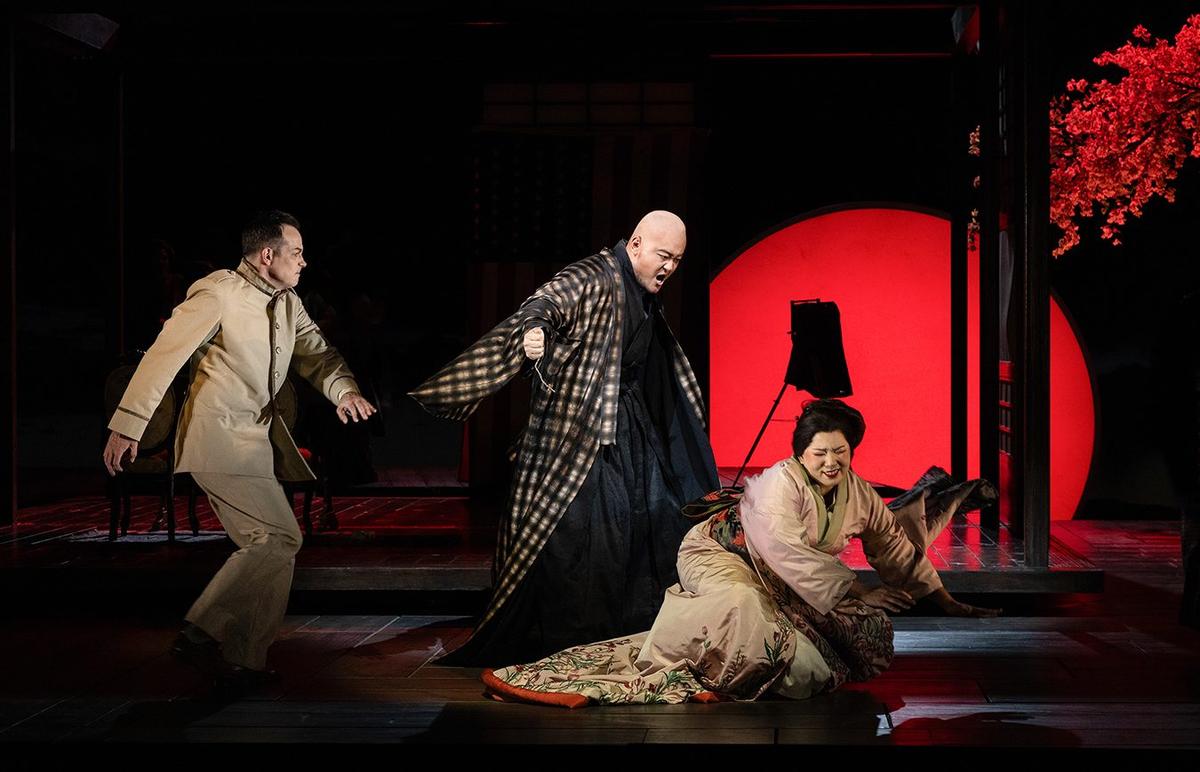 (L–R) Stephen Costello (B.F. Pinkerton), Le Bu (The Bonze), Karen Chia-ling Ho (Cio-Cio-San), in "Madama Butterfly." (Bronwen Sharp)