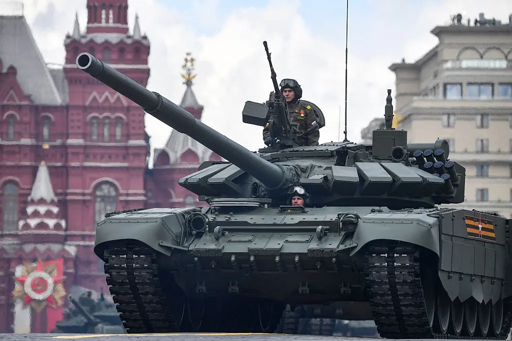 A Russian T-72B3M tank parades through Red Square during the Victory Day military parade in central Moscow on May 9, 2022. (Alexander Nemenov/AFP via Getty Images)
