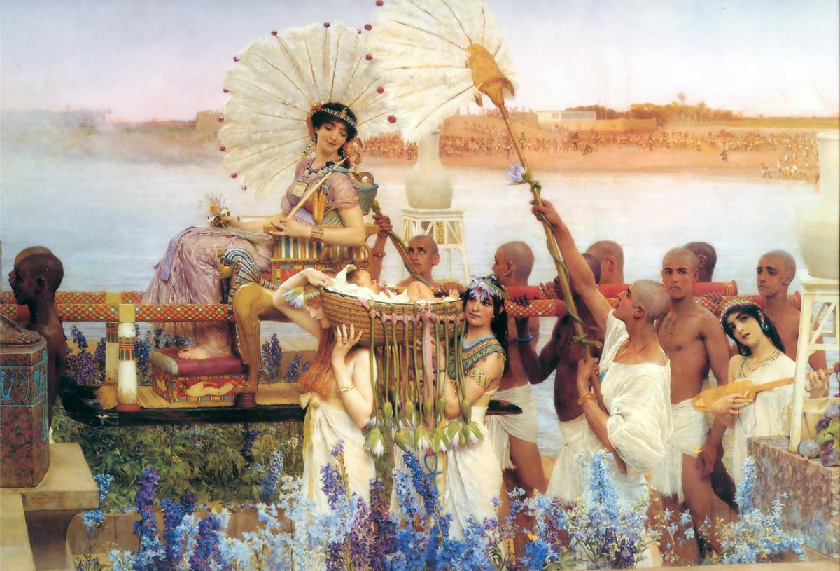 "The Finding of Moses," 1904–1905, by Lawrence Alma-Tadema. Oil on canvas; 53 3/4 inches by 84 inches. Private collection. (Public Domain)
