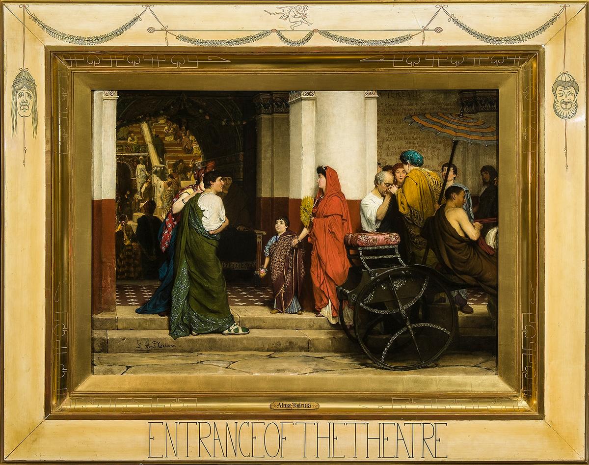 "Entrance to a Roman Theatre," 1866, by Lawrence Alma-Tadema. Oil on canvas; 27 3/4 inches by 38 3/4 inches. Alma-Tadema illustrates the scene with figures gathered outside the theater, one of whom is modeled on his first wife, Marie-Pauline Gressin. Fries Museum, Leeuwarden, Netherlands. (Public Domain)