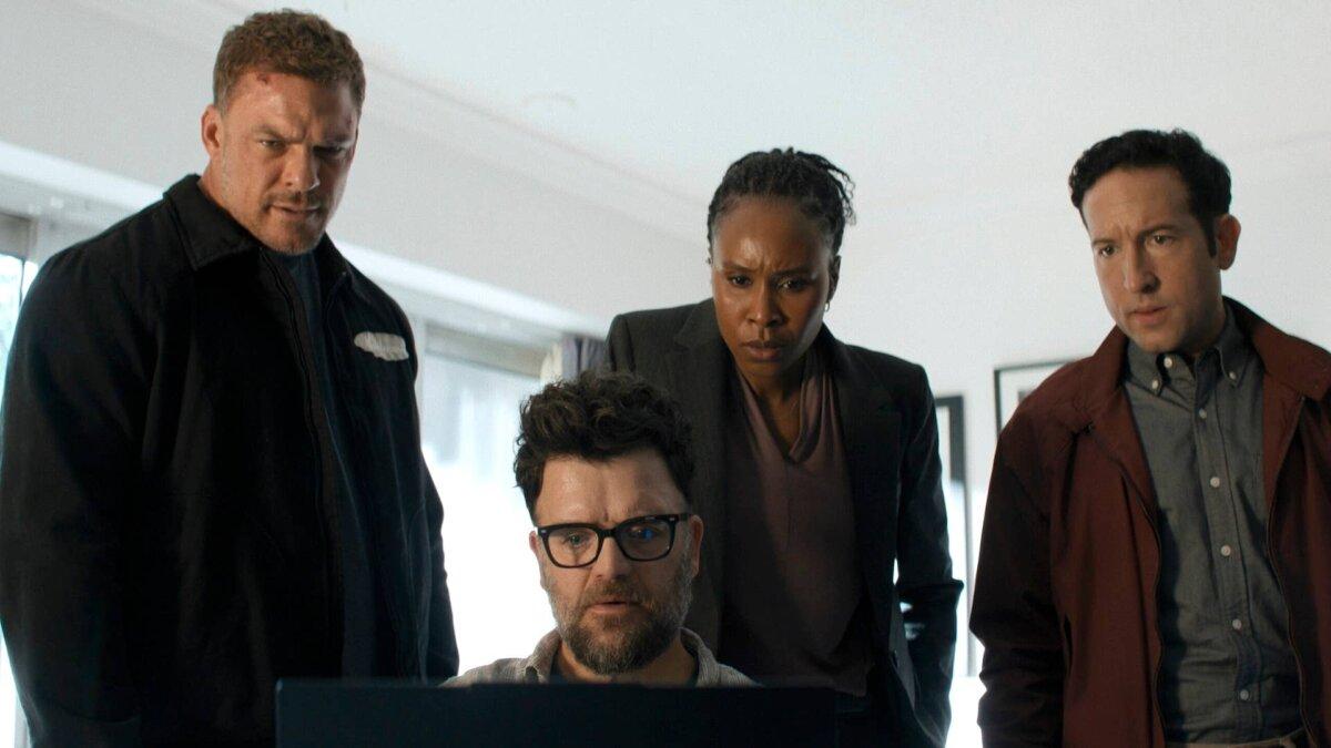 (L–R) Jack Reacher (Alan Ritchson), Russell Plum (Kevin Weisman), Tamara Green (Sydelle Noel), and Jacob Merrick (Rodriguez-Marquette), in “Reacher: Season Four.” (Prime)