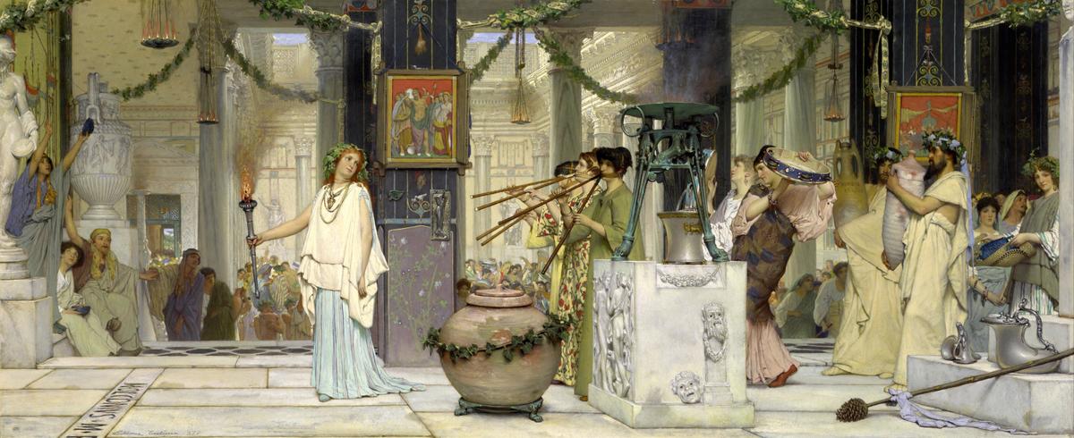 "The Vintage Festival," 1871, by Lawrence Alma-Tadema. Oil on panel; 20 inches by 47 inches. Alma-Tadema’s vivid recreations of daily life from ancient Rome and Greece are expressed in his paintings' archaeological realism and historical accuracy. National Gallery of Victoria, Australia. (Public Domain)