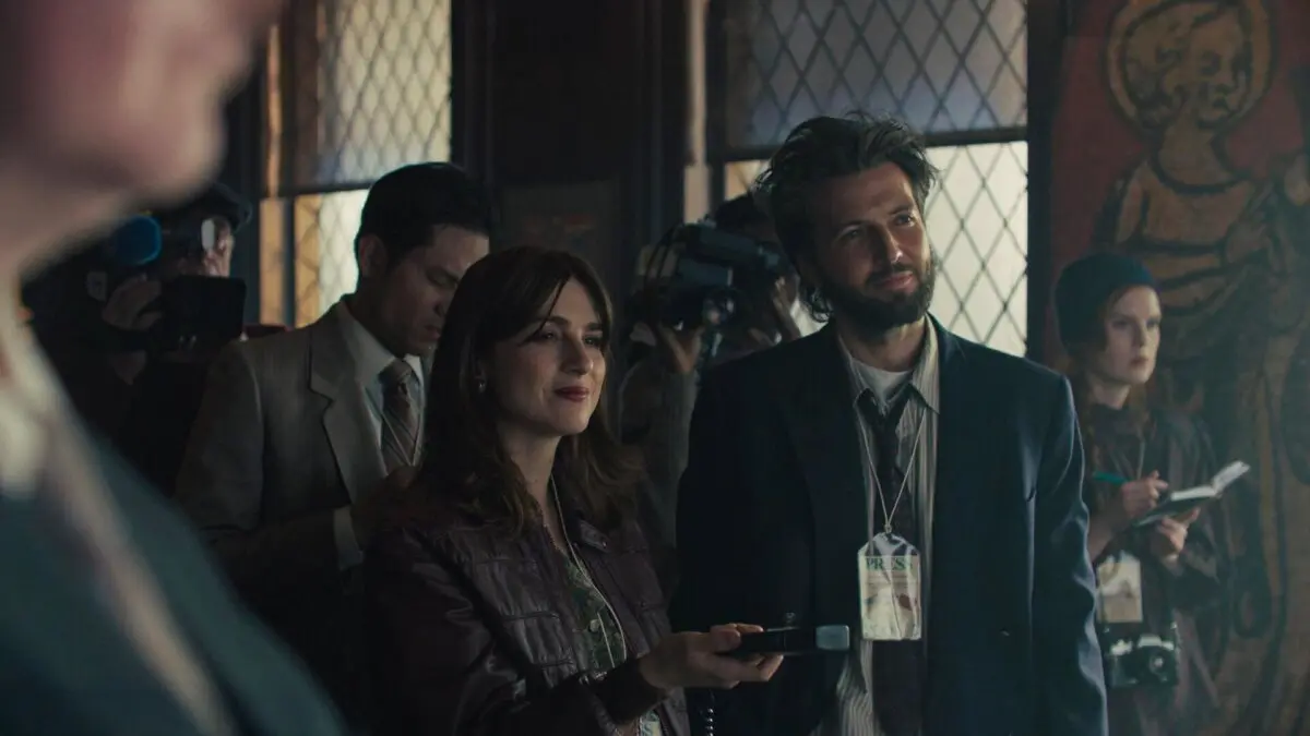 Journalist (Aya Cash) and Alexander (Guy Burnet), in "The Brink of War." (Angel Studios)