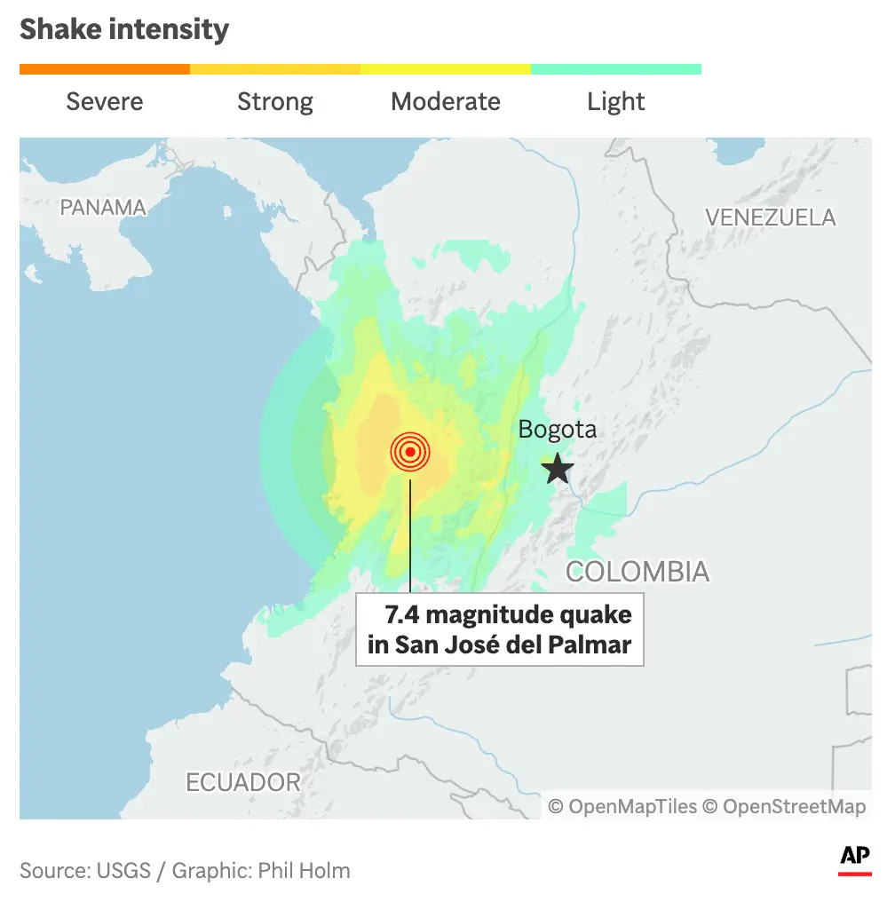 A map shows the epicenter and intensity from a 7.4-magnitude earthquake in western Colombia on Aug. 10, 2026. (AP)