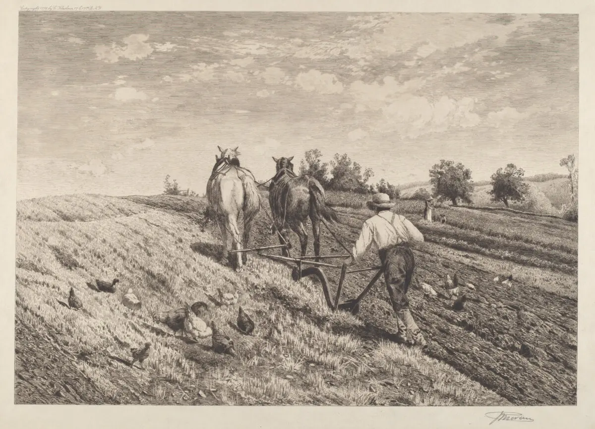 "The Ploughman," 1886, by Peter Moran. Etching. (Public Domain)