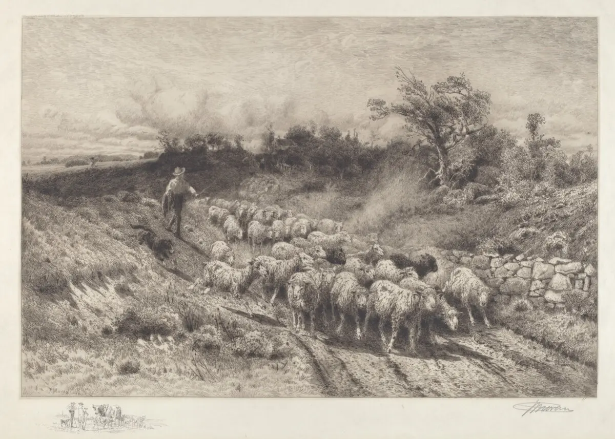 “A New England Road,” 1886, by Peter Moran. Etching. National Gallery of Art. (Public Domain)