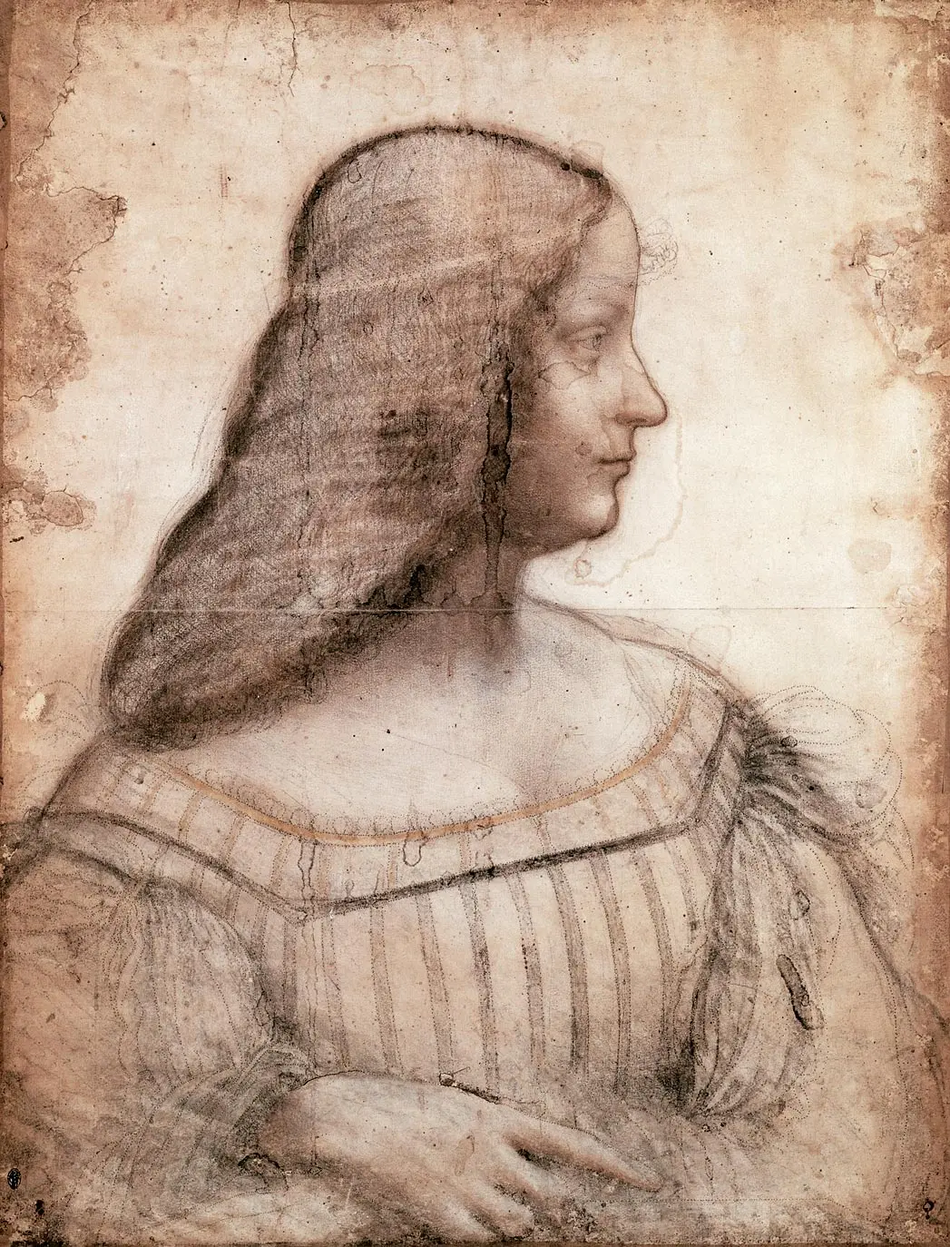 "Portrait of Isabella d'Este," circa 1499–1500, by Leonardo da Vinci. Black and red chalk on paper; 24 inches by 18 5/16 inches. Louvre Museum, Paris. (Public Domain)