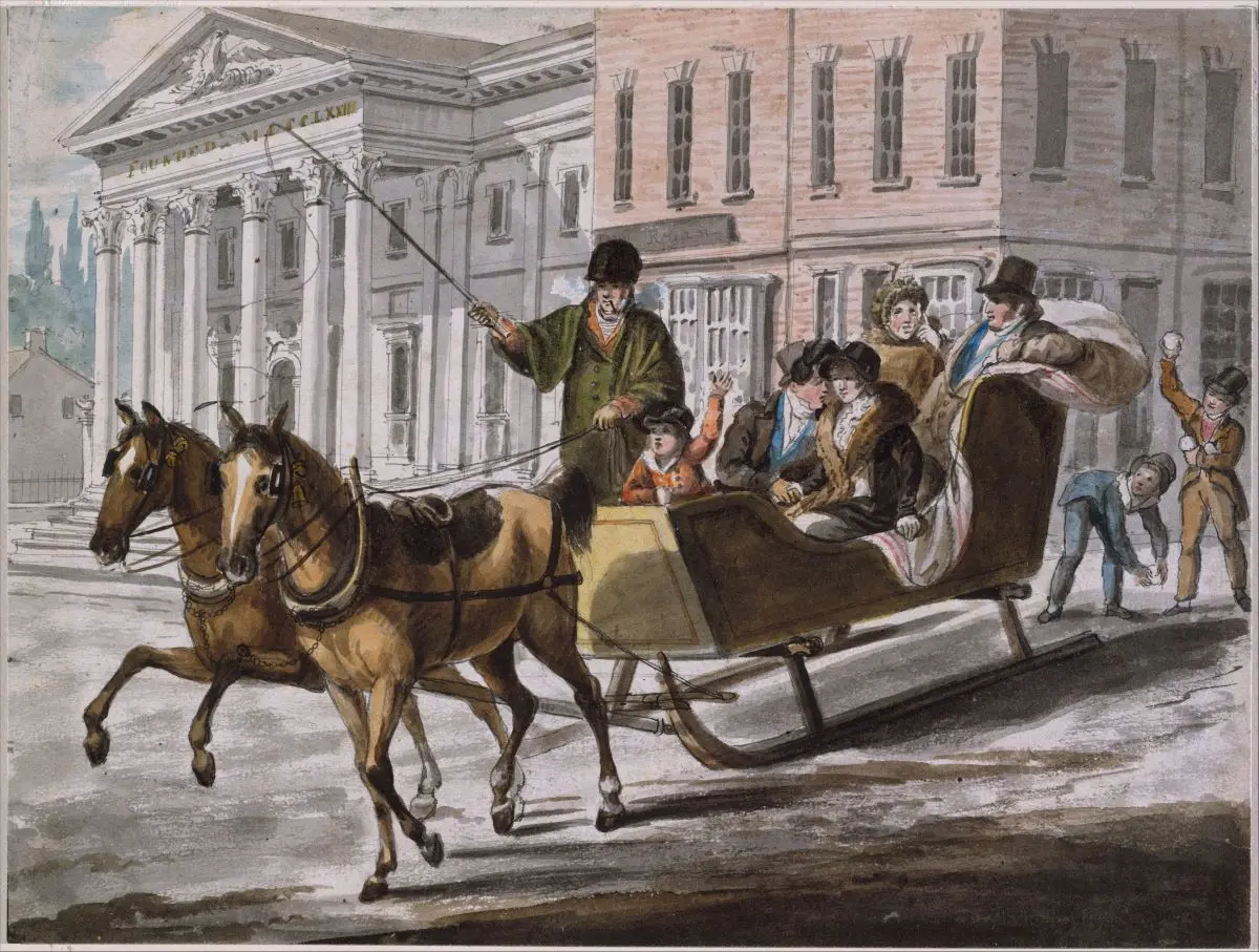 "Winter Scene in Philadelphia," 1811-circa 1813, by John Lewis Krimmel. The Bank of the United States is in the background. Metropolitan Museum of Art. (<a href="https://creativecommons.org/publicdomain/zero/1.0/deed.en">CC0</a>)