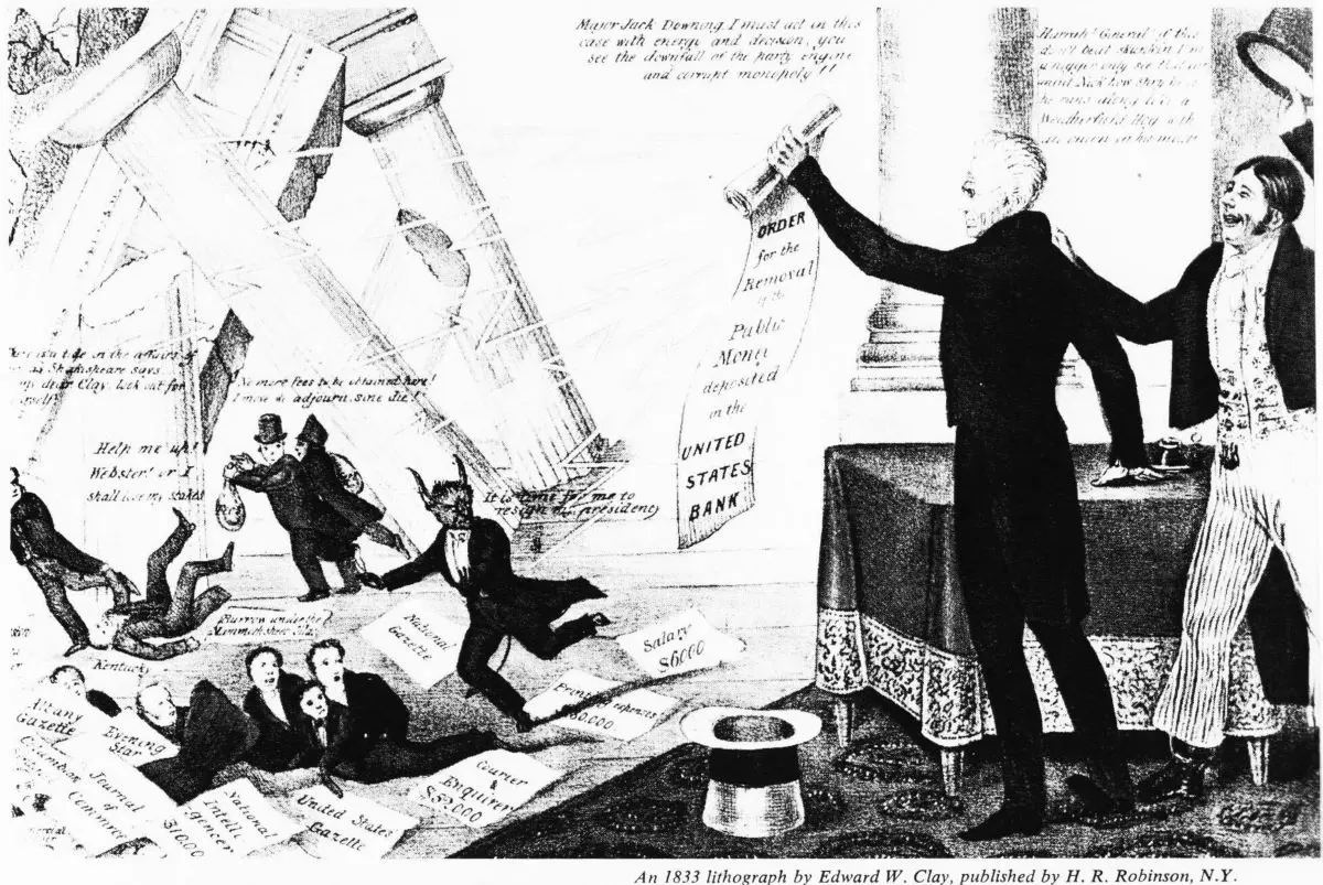 Lithograph by Edward W. Clay. The illustration praises Andrew Jackson for his destroying the Second Bank of the United States with his "Removal Notice" (removal of federal deposits). Bank president Nicolas Biddle portrayed as The Devil, along with several speculators and hirelings, flee as the bank collapses while Jackson's supporters cheer. (Public Domain)
