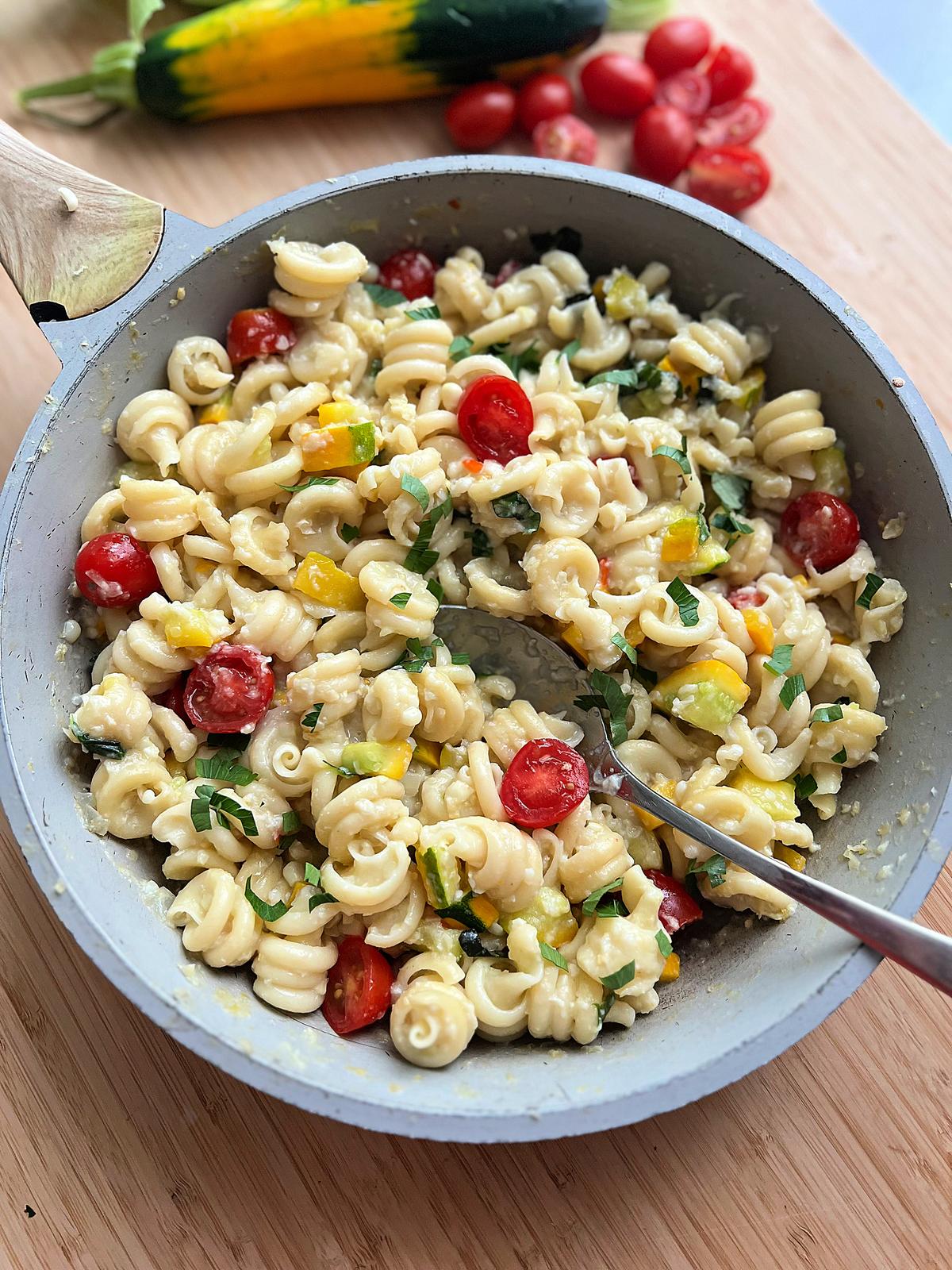 This seasonal pasta dish features trottole tossed in a corn purée with zucchini and cherry tomatoes. (Gretchen McKay/Pittsburgh Post-Gazette/TNS)