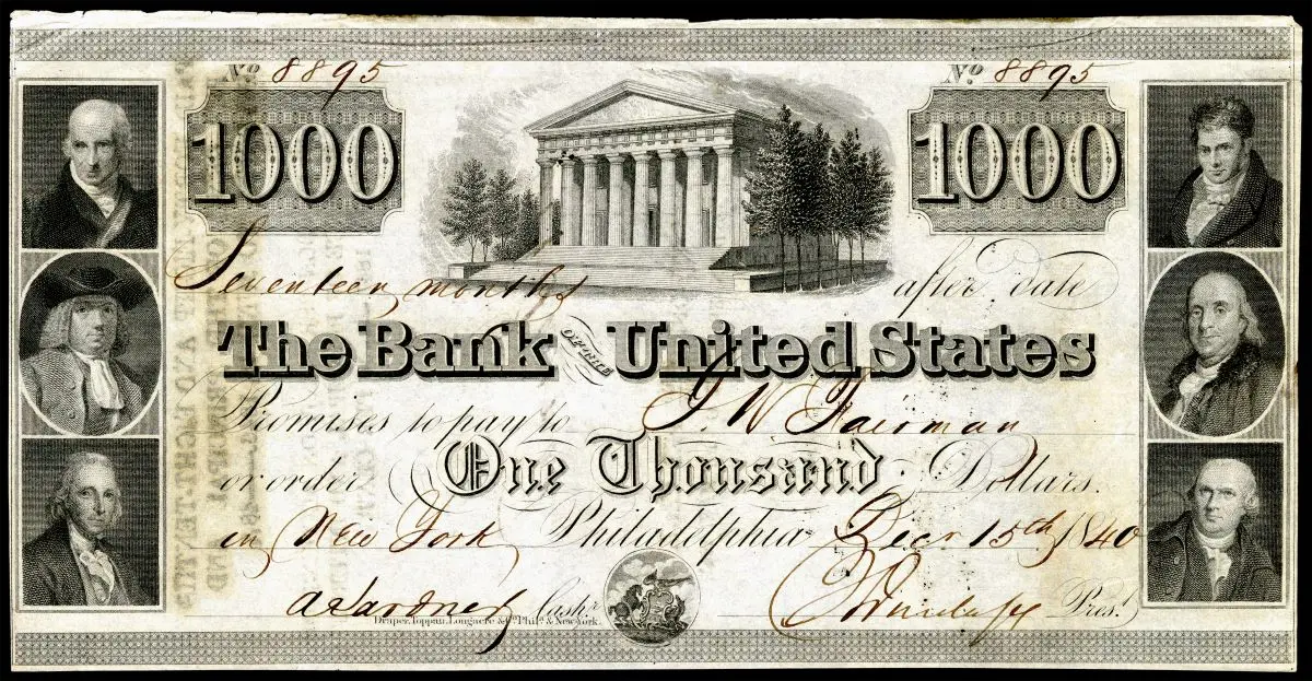 A promissory note issued by the Second Bank of the United States, Dec. 15, 1840, for the amount of $1,000. National Museum of American History. (Public Domain)