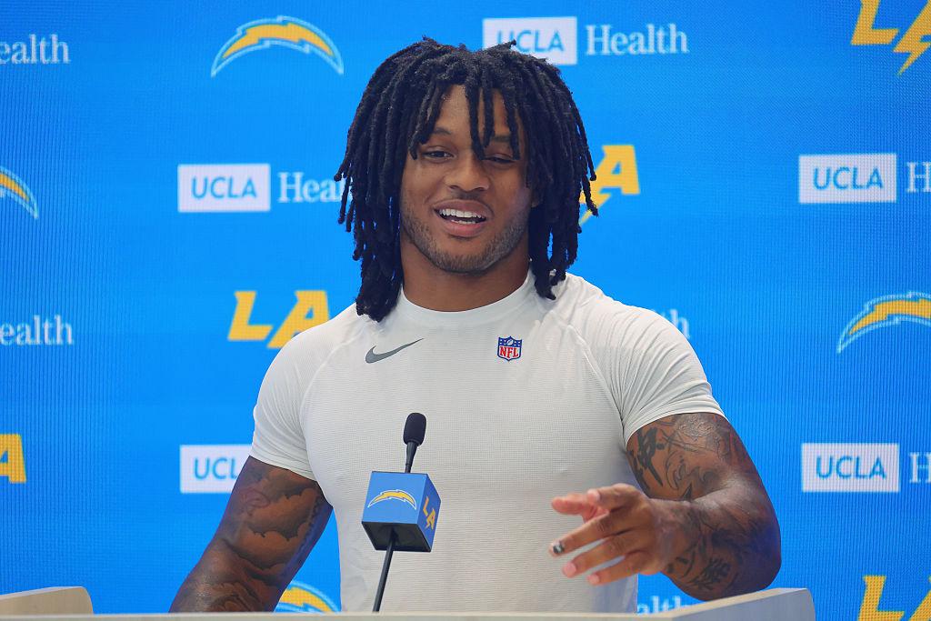 Omarion Hampton #8 of the Los Angeles Chargers answers a question during a press conference after a Mandatory Minicamp at The Bolt in El Segundo, California, on June 17, 2026. (Kevin Terrell/Getty Images)