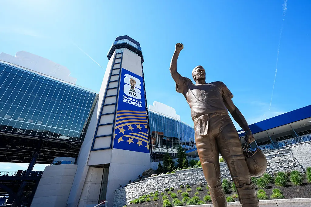 A general view of the preparations around the Tom Brady statue outside of Gillette Stadium ahead of the FIFA World Cup 2026 at Boston Stadium in Foxborough, Mass., on May 26, 2026. (Michael Owens/Getty Images)