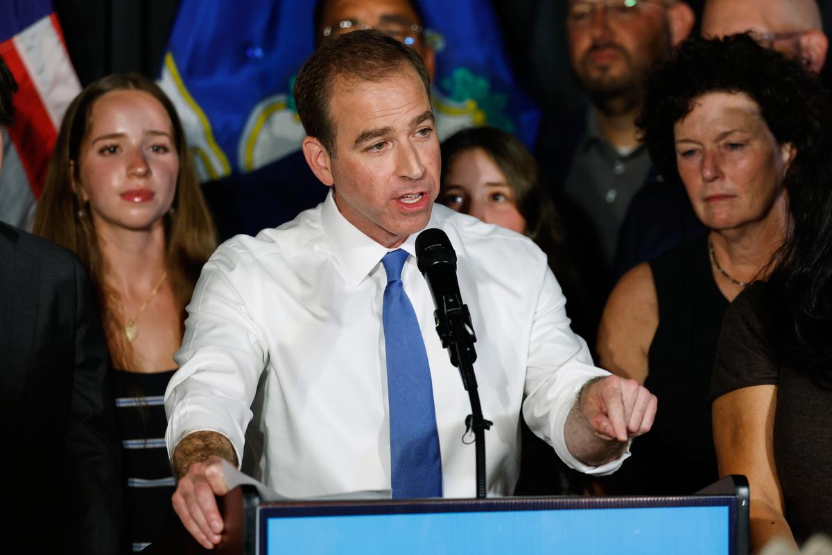 Luke Bronin, former Hartford mayor and Democratic candidate for Connecticut's First Congressional District, speaks during an election night watch party in Hartford, Conn., on Aug. 11, 2026. (Rusty Jones/AP Photo)