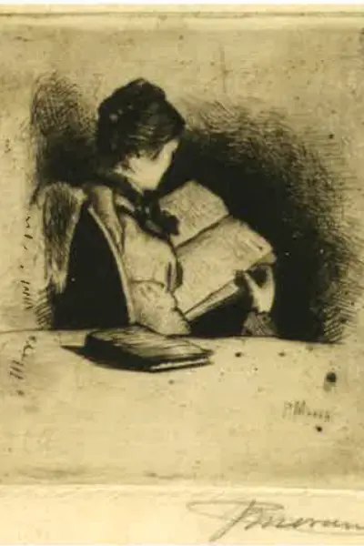 "Young Lady Reading (Emily Kelley Moran)," 1880, by Peter Moran. Etching. (Public Domain)