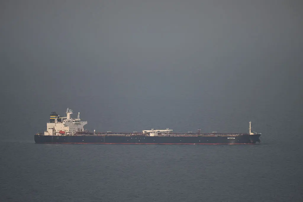 A general view of the detained Smyrtos vessel outside the harbor in Portland, England, on June 15, 2026. (Finnbarr Webster/Getty Images)