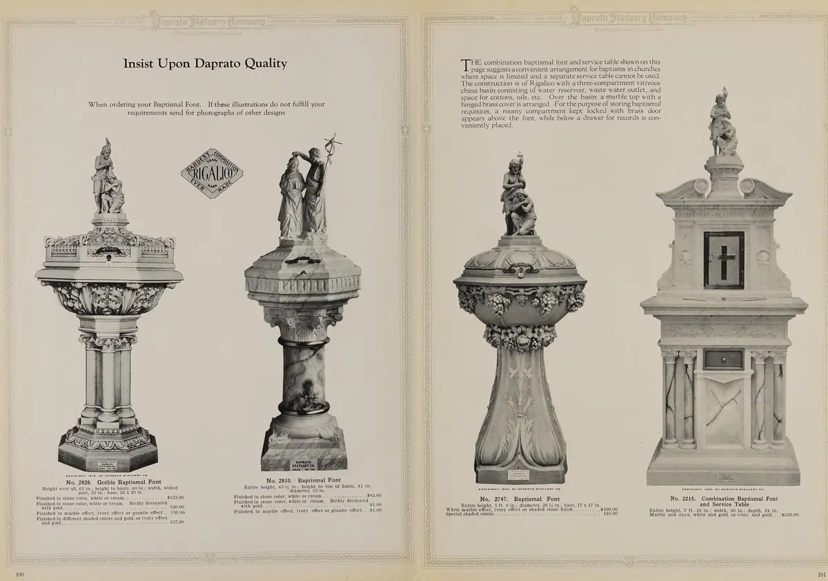 A page from "Creations in Ecclesiastical Art" by Daprato Statuary Company, 1921. The catalogue included some examples of the company's products including statuary, alters, stained glass windows, and baptismal fonts that were designed, modeled, and produced by Daprato Statuary Company. Internet Archive. (Public Domain)