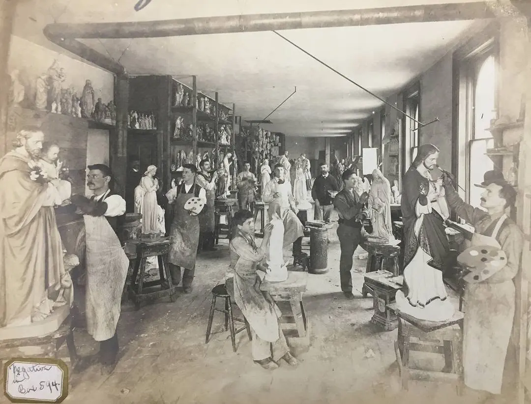 Daprato Statuary Company's skilled artisans painting statues for churches, convents, hospitals, and schools in their Chicago studio, circa late 19th century. (Courtesy of Daprato Rigali Studios)
