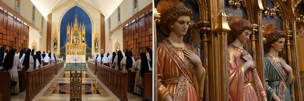 (Left) Spanish reredos from the chapel of the Dominican Sisters of Mary, Mother of the Eucharist in Ann Arbor, Mich. (Right) A detail of the chapel's reredos that Daprato Rigali Studios restored. (Courtesy of Dominican Sisters of Mary, Mother of the Eucharist)