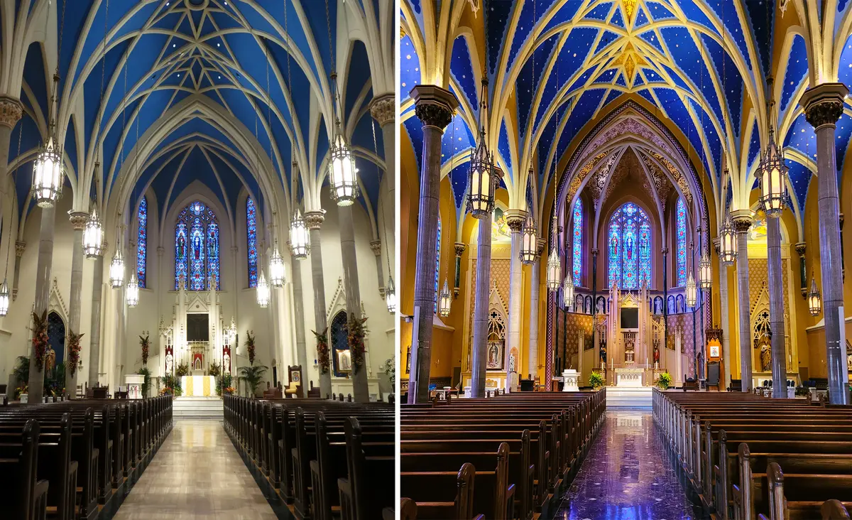 A before (left) and after photograph of Daprato Rigali Studios' renovations at the Cathedral of St. Mary of the Immaculate Conception in Peoria, Illinois. The company restored stained glass windows, altar, and furnishings; installed new marble flooring in the nave and sanctuary; painted the ceiling blue with a starry night sky theme; and embelished the cathedral with intricate stencil designs and decorative paintings. (<a title="User:Nheyob" href="https://commons.wikimedia.org/wiki/File:Cathedral_of_Saint_Mary_of_the_Immaculate_Conception_(Peoria,_Illinois)_-_nave.jpg">Nheyob</a>/<a title="Category:CC-BY-SA-4.0" href="https://commons.wikimedia.org/wiki/Category:CC-BY-SA-4.0">CC-BY-SA-4.0</a>)/(<a title="User:Farragutful" href="https://commons.wikimedia.org/wiki/File:St._Mary_Cathedral_-_Peoria_interior_02.jpg">Farragutful</a>/<a title="Category:CC-BY-SA-4.0" href="https://commons.wikimedia.org/wiki/Category:CC-BY-SA-4.0">CC-BY-SA-4.0</a>)