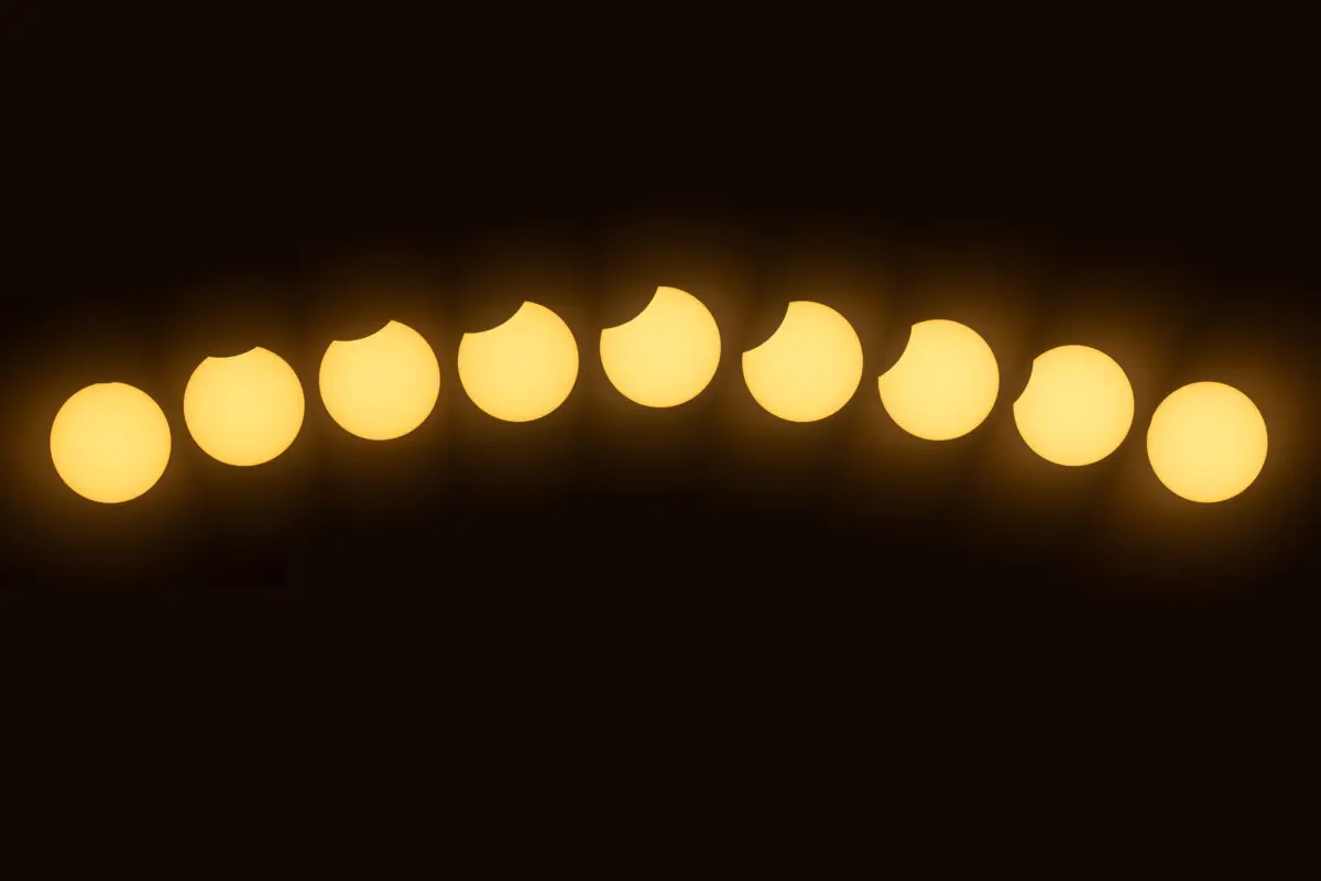 Partial solar eclipse seen from Pennsylvania on Aug. 12, 2026, in this composite image. (Mark Zou/The Epoch Times)