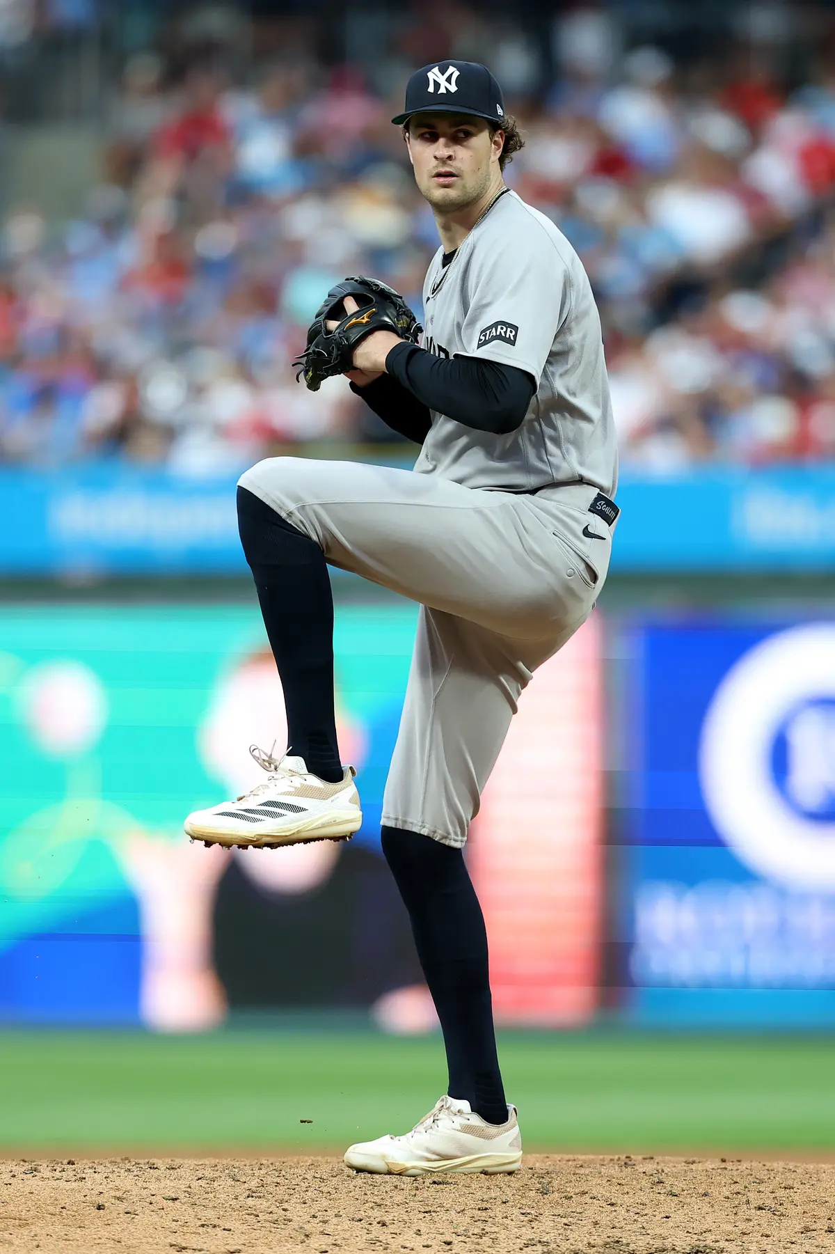 Cam Schlittler of the New York Yankees pitches against the Philadelphia Phillies at Citizens Bank Park in Philadelphia on July 24, 2026. (Emilee Chinn/Getty Images)
