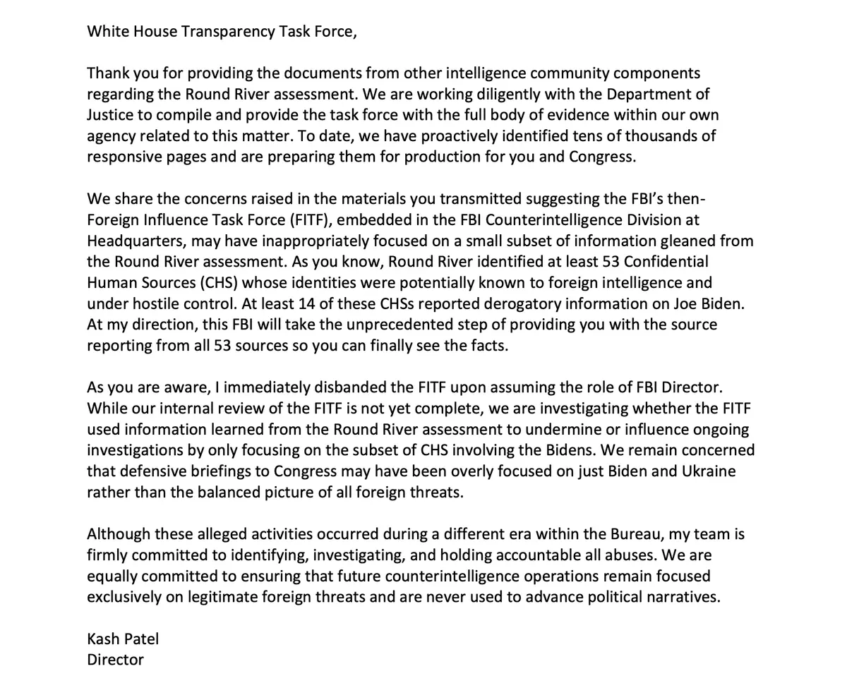 Newly released documents included a letter FBI Director Kash Patel wrote to the White House Transparency Task Force. (Courtesy of the White House)