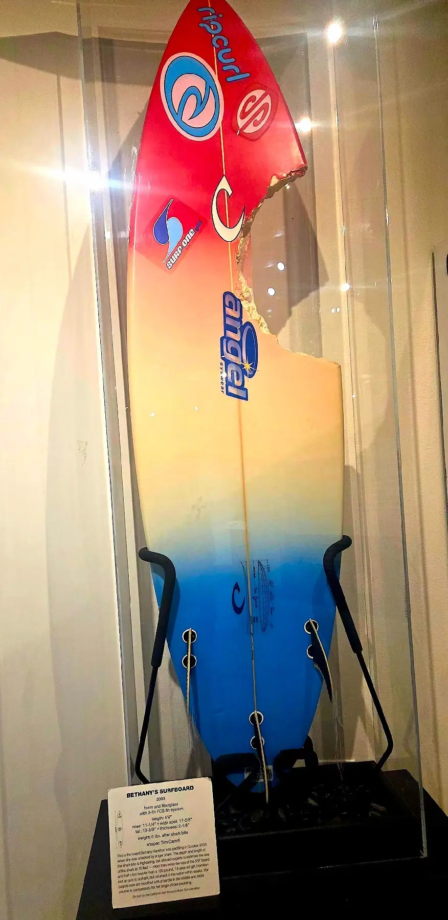 One exhibit at the California Surf Museum honors Bethany Meilani Hamilton, a professional surfer who lost an arm to a shark at 13 but never gave up the sport. (Photo courtesy of Jim Farber)