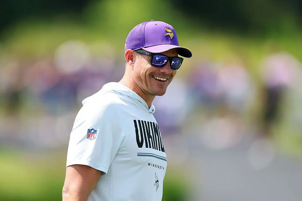 Head coach Kevin O'Connell of the Minnesota Vikings looks on during Training Camp at Twin Cities Orthopedics Performance Center in Eagan, Minn., on August 1, 2026. (David Berding/Getty Images)