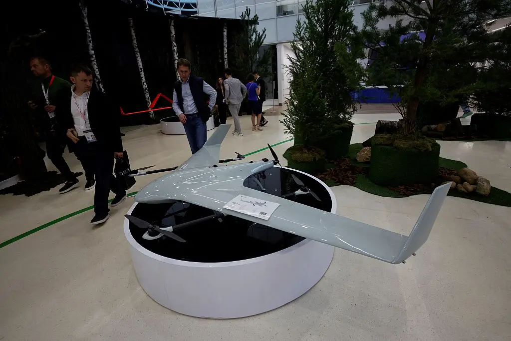 Visitors inspect Russian-made drones during a forum featuring developers, manufacturers, and operators of unmanned and robotic systems at the Skolkovo Innovation Center outside Moscow on August 14, 2025. (Tatyana Makeyeva/AFP via Getty Images)