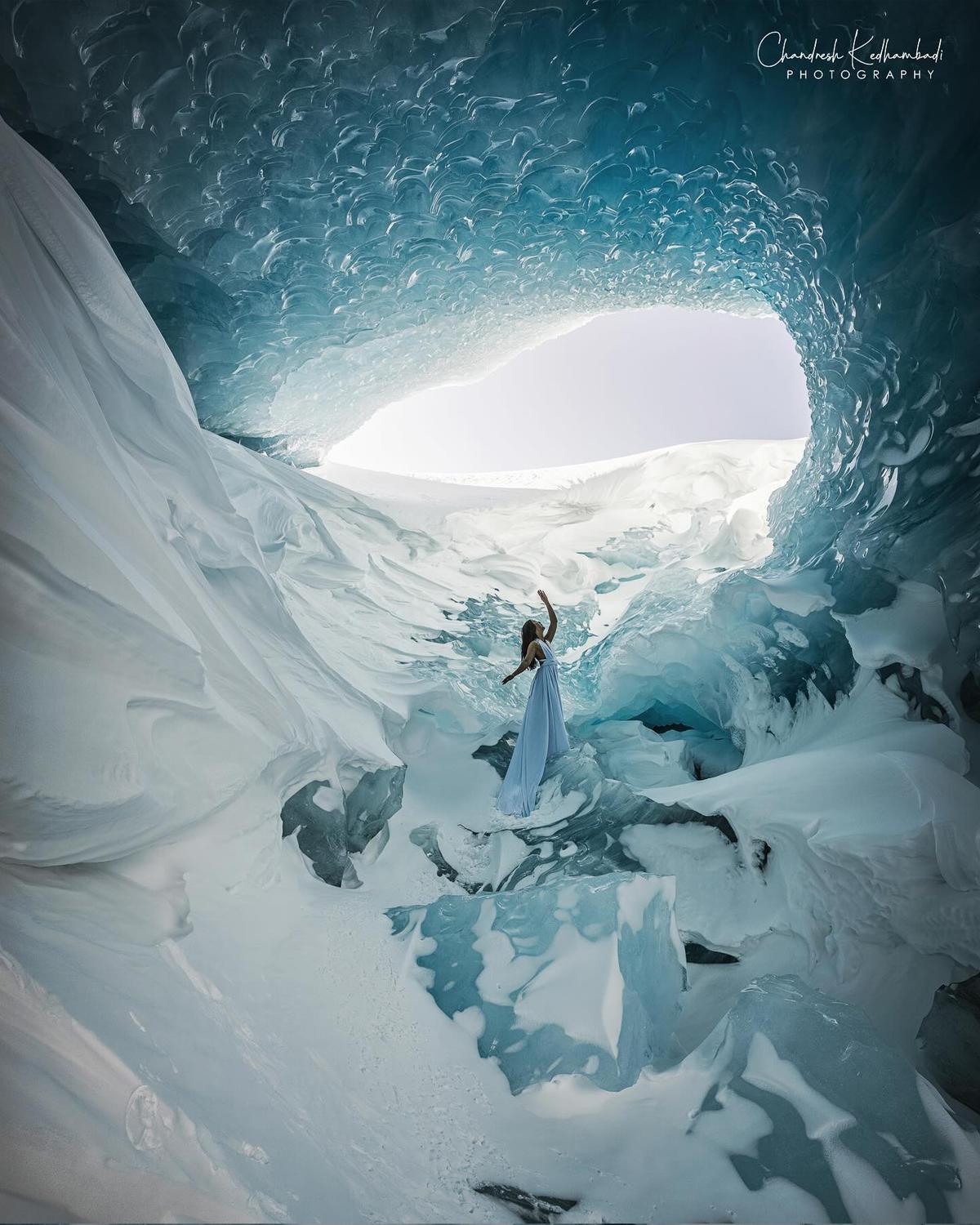 Kedhambadi delves deep into Alberta’s glacier country with four or five fellow ice climbers, who sometimes bring along elegant clothing in which to be photographed as subject matter. (Courtesy of Chandresh Kedhambadi)