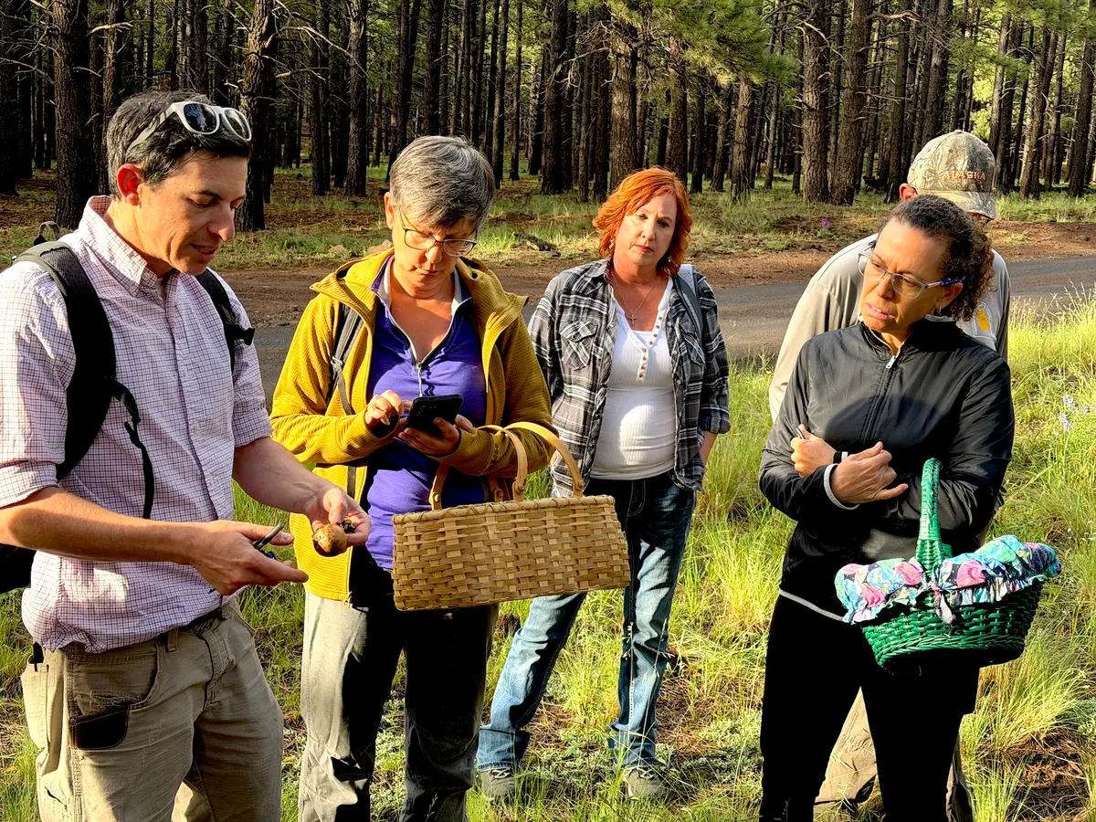 Mike Dechter, executive director of the Arizona Mushroom Society (L), helps identify a wild mushroom on Aug. 14, 2026. (Allan Stein/The Epoch Times)