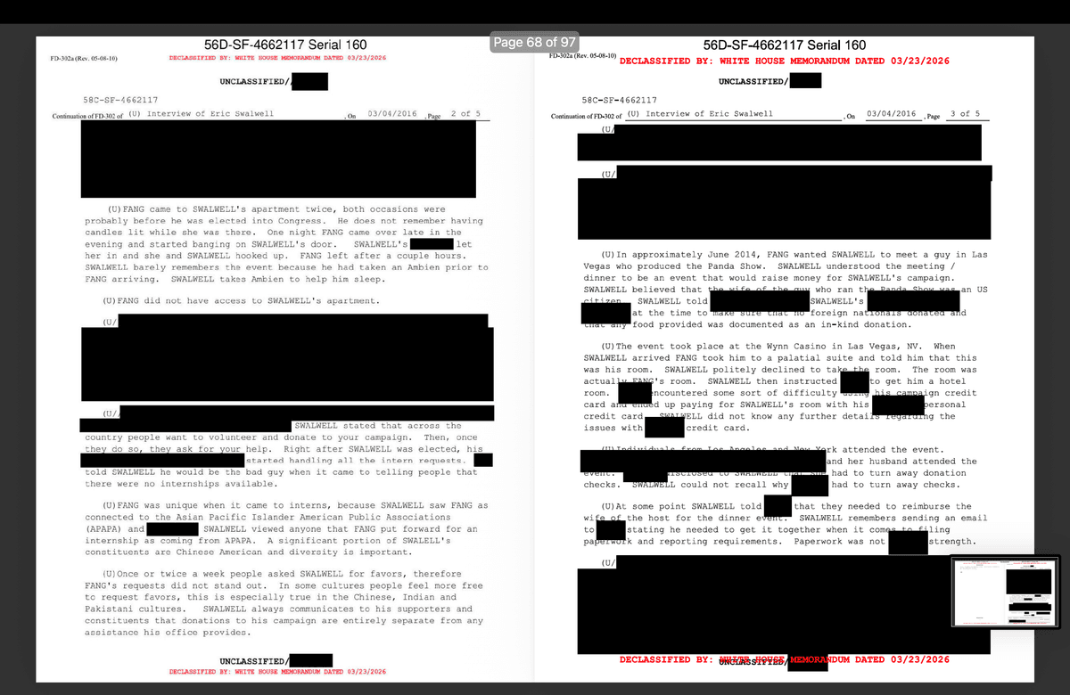 Newly declassified documents released by the White House Government Transparency Task Force on Aug. 17 reveal admissions from former Rep. Eric Swalwell (D-Calif.) that he had a sexual relationship with suspected Chinese spy Christine Fang. (Courtesy of the White House)