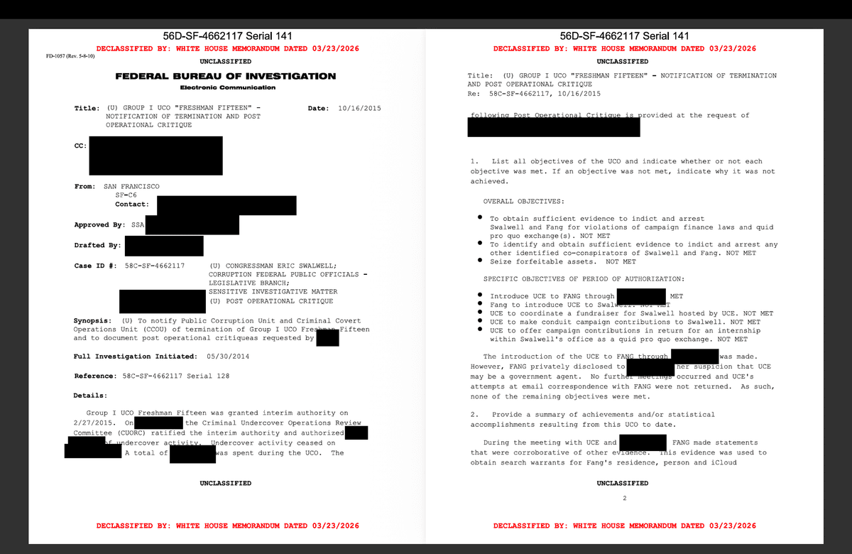 Newly declassified documents released by the White House Government Transparency Task Force on Aug. 17 reveal an operation to investigate former Rep. Eric Swalwell (D-Calif.) for campaign finance violations. (Courtesy of the White House)