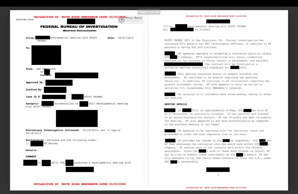 Newly declassified documents released by the White House Government Transparency Task Force on Aug. 17 reveal an operation to investigate suspected Chinese spy Christine Fang, code-named Rusty Thumbs. (Courtesy of the White House)