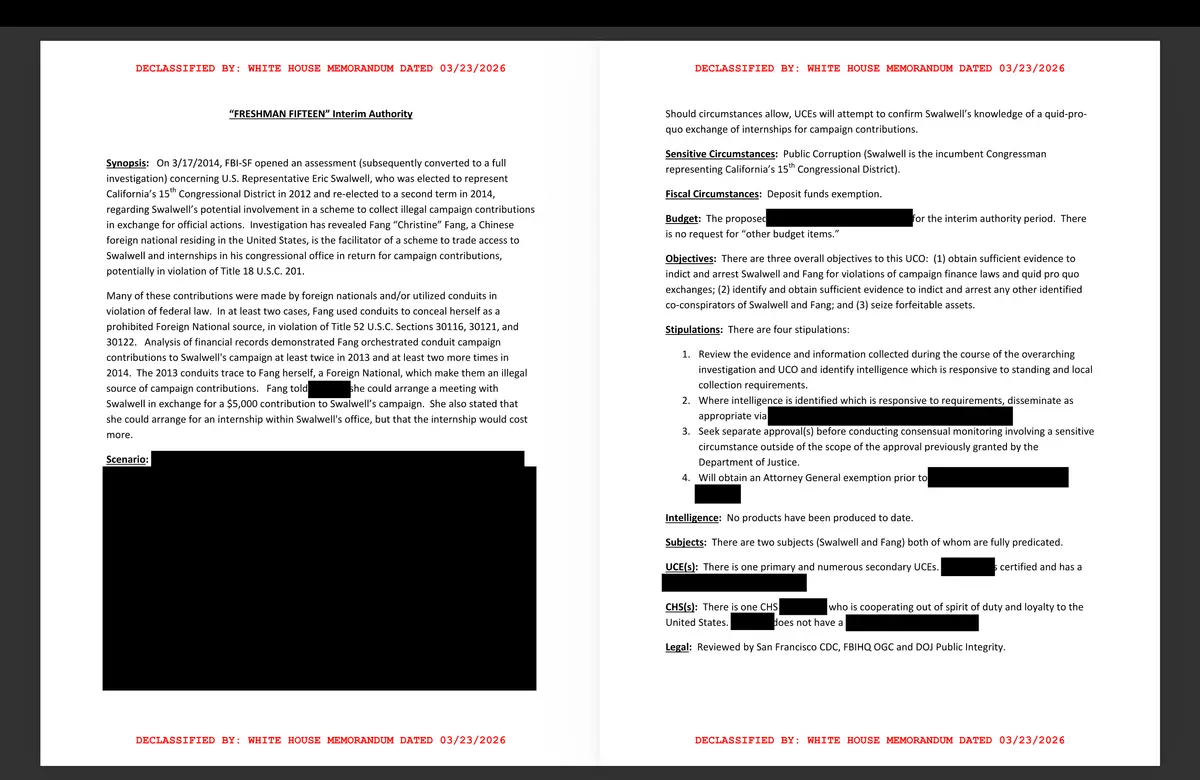 Newly declassified documents released by the White House Government Transparency Task Force on Aug. 17 reveal an operation to investigate former Rep. Eric Swalwell (D-Calif.) and his volunteer Christine Fang for campaign finance violations. (Courtesy of the White House)