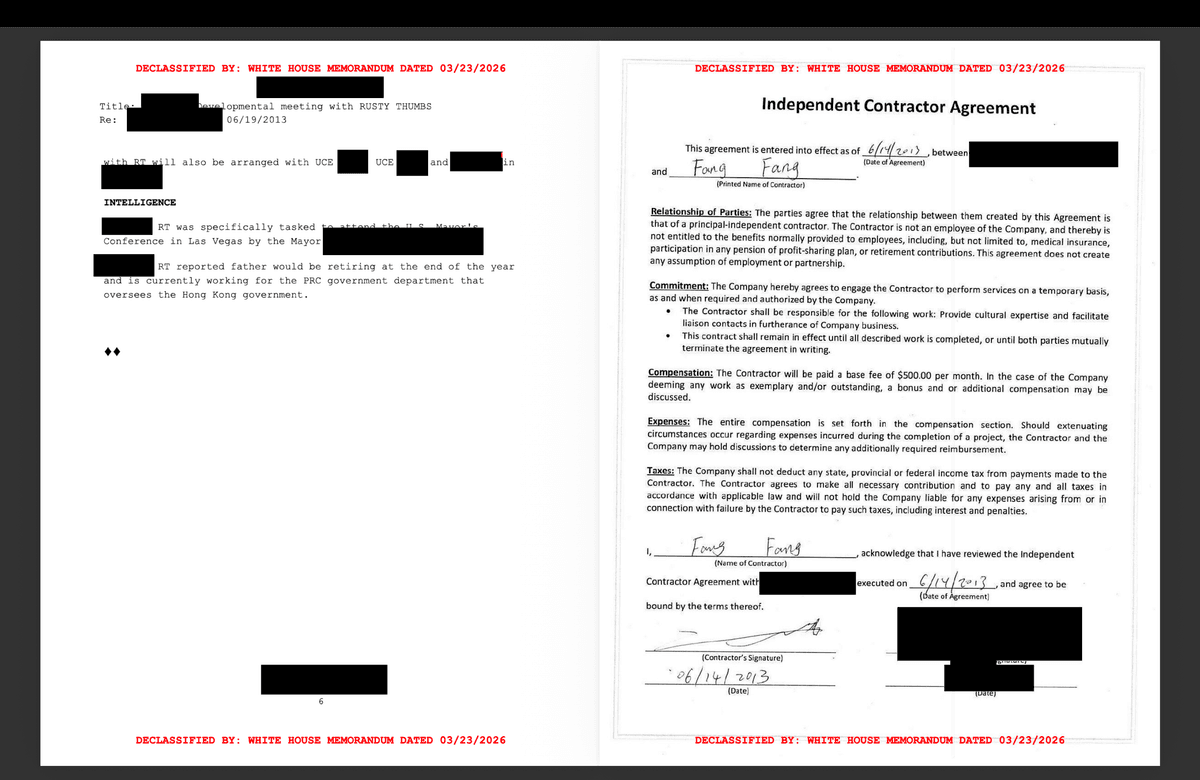 Newly declassified documents released by the White House Government Transparency Task Force on Aug. 17 reveal an operation to turn suspected Chinese spy Christine Fang into an unwitting double agent. (Courtesy of the White House)