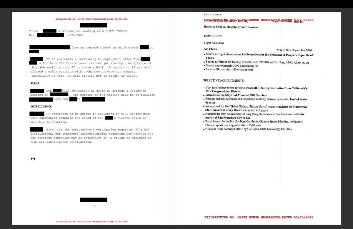 Newly declassified documents released by the White House Government Transparency Task Force on Aug. 17 reveal suspected Chinese spy Christine Fang served as a flight attendant aboard Chinese leader Xi Jinping's official aircraft. (Courtesy of the White House)