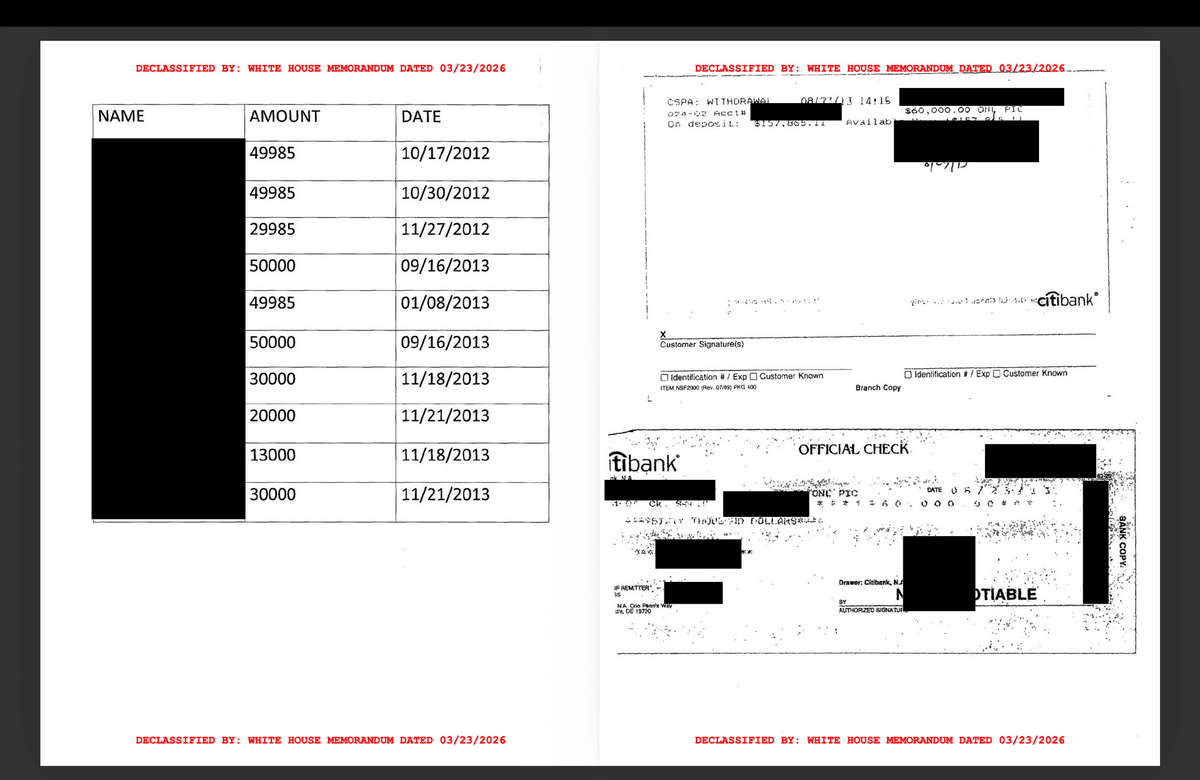 Newly declassified documents released by the White House Government Transparency Task Force on Aug. 17 reveal checks to and from suspected Chinese spy Christine Fang. (Courtesy of the White House)