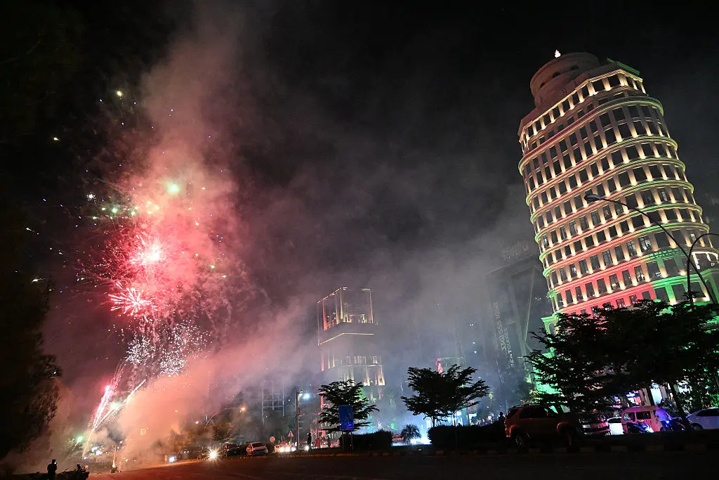 Fireworks explode over Islamabad as part of celebrations marking the signing of a trilateral defense agreement between Saudi Arabia, Pakistan, and Turkey in Islamabad on Aug. 9, 2026. (Aamir Qureshi/AFP via Getty Images)