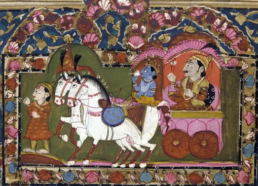Krishna and Arjuna on the chariot, "Mahabharata," 18th–19th century, India. Smithsonian Freer Sackler Gallery. (Public Domain)