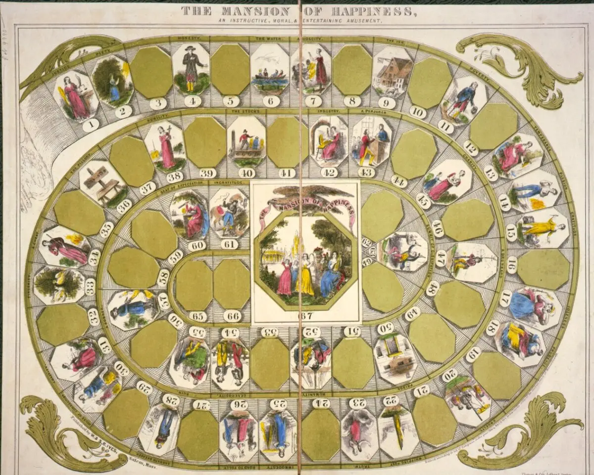 "The Mansion of Happiness," one of the rarest of Gilded Age board games was built around the financial panic of 1873. The Bulls and the Bears, the speculators, are depicted fleecing the sheep, the public. (Public Domain)