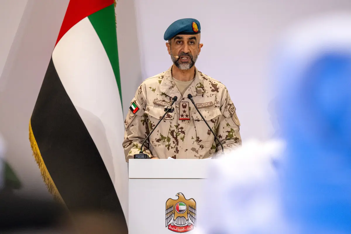 Spokesman for the United Arab Emirates’ Ministry of Defence, Maj. Gen. Abdul Nasser Al-Humaidi, speaks during a press briefing held by the UAE government following Iranian strikes in Abu Dhabi on March 3, 2026. (Ryan Lim/AFP)