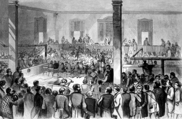 The trial of John Brown at Charles Town, in an 1859 engraving from Harper's Weekly.<br/>(Everett Collection/Shutterstock)