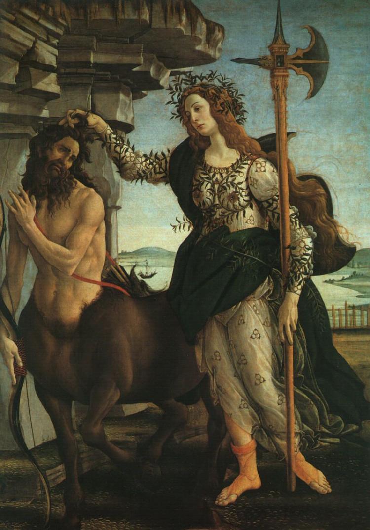 "Pallas and the Centaur" by Sandro Botticelli (1445-1510). Tempera on canvas, Galleria degli Uffizi (Florence, Italy). (Public Domain)