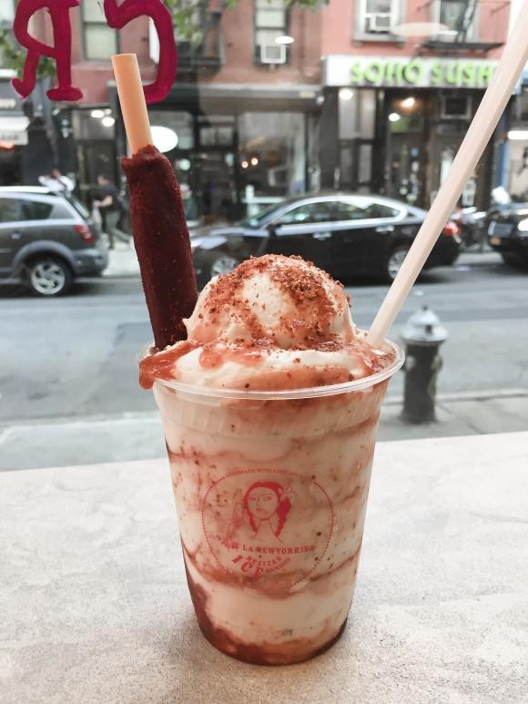 Mexican chamoyada treat with coconut-lime ice cream, syrups, and a tamarind stick at La Newyorkina. (Annie Wu/The Epoch Times)